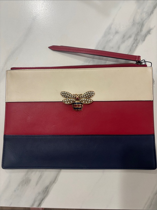 Gucci Handbags - Gucci Queen Margaret Bee Stripe Leather Clutch